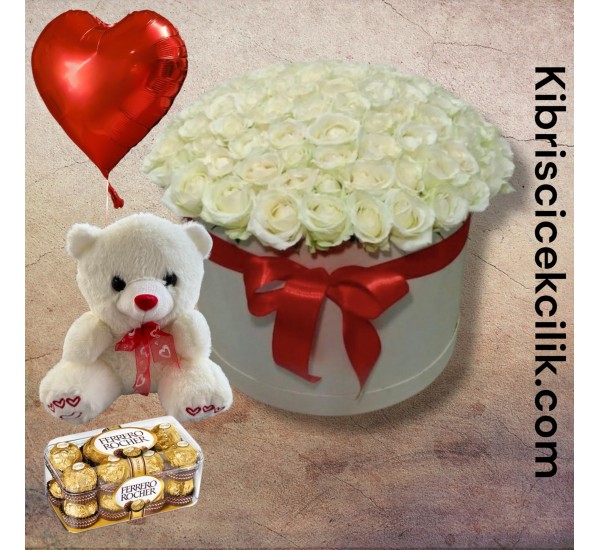 Kutuda 101 Beyaz Gül Ayıcık 16'lı Ferrero Çikolata Kalp Helyum Balon