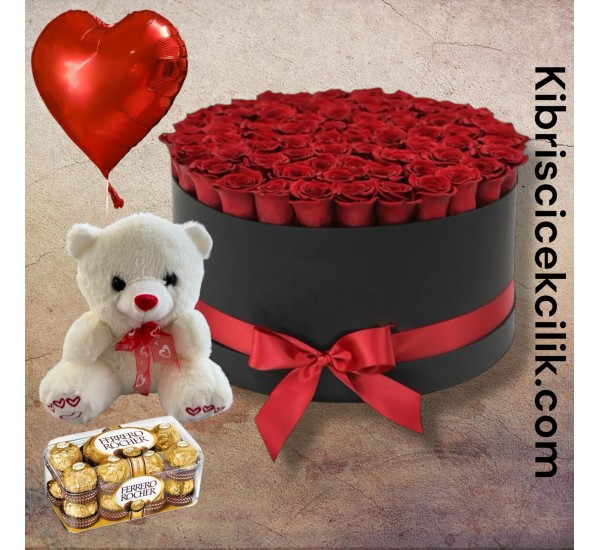 Kutuda 101 Kırmızı Gül Ayıcık 16'lı Ferrero Çikolata Kalp Helyum Balon Kutuda 101 Kırmızı Gül Ayıcık 16'lı Ferrero Çikolata Kalp Helyum Balon