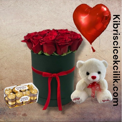 Kutuda 11 Kırmızı Gül Ayıcık 16'lı Ferrero Çikolata Kalp Helyum Balon