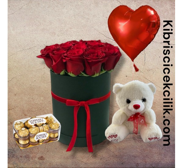 Kutuda 11 Kırmızı Gül Ayıcık 16'lı Ferrero Çikolata Kalp Helyum Balon Kutuda 11 Kırmızı Gül Ayıcık 16'lı Ferrero Çikolata Kalp Helyum Balon