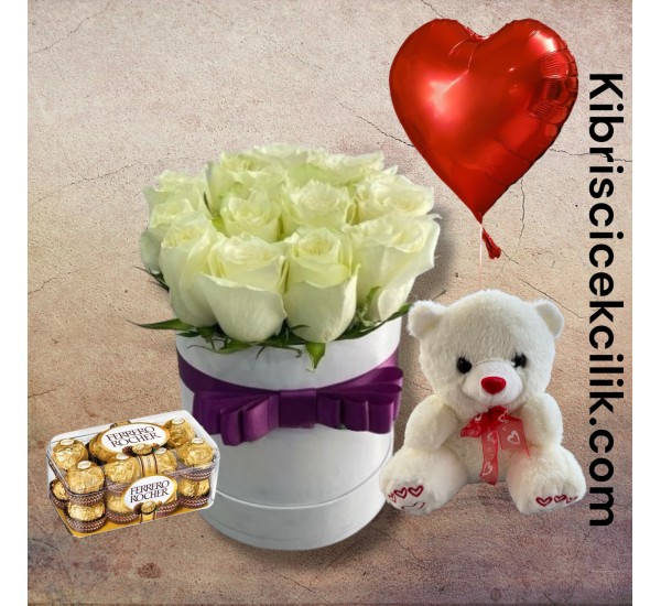 Kutuda 11 Beyaz Gül Ayıcık 16'lı Ferrero Çikolata Kalp Helyum Balon Kutuda 11 Beyaz Gül Ayıcık 16'lı Ferrero Çikolata Kalp Helyum Balon