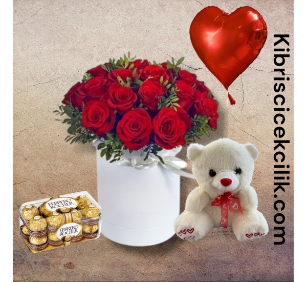 Kutuda 15 Kırmızı Gül Ayıcık 16'lı Ferrero Çikolata Kalp Helyum Balon Kutuda 15 Kırmızı Gül Ayıcık 16'lı Ferrero Çikolata Kalp Helyum Balon