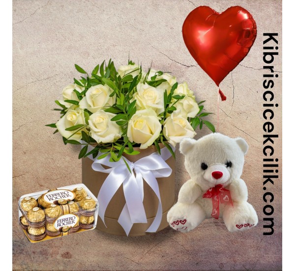 Kutuda 17 Beyaz Gül Ayıcık 16'lı Ferrero Çikolata Kalp Helyum Balon Kutuda 17 Beyaz Gül Ayıcık 16'lı Ferrero Çikolata Kalp Helyum Balon