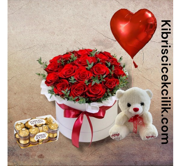 Kutuda 17 Kırmızı Gül Ayıcık 16'lı Ferrero Çikolata Kalp Helyum Balon Kutuda 17 Kırmızı Gül Ayıcık 16'lı Ferrero Çikolata Kalp Helyum Balon