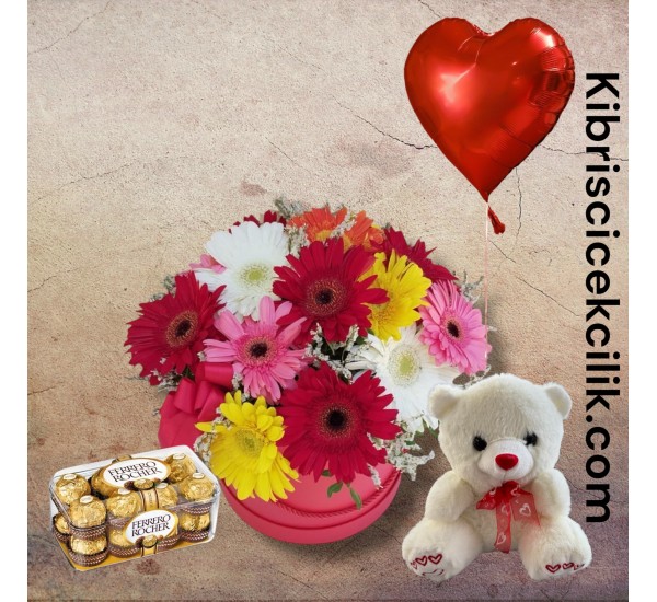 Kutuda Gerbera Ayıcık 16'lı Ferrero Çikolata Kalp Helyum Balon Kutuda Gerbera Ayıcık 16'lı Ferrero Çikolata Kalp Helyum Balon