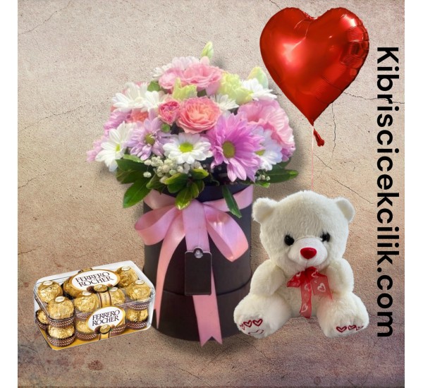 Kutuda Karışık Çiçek Ayıcık 16'lı Ferrero Çikolata Kalp Helyum Balon Kutuda Karışık Çiçek Ayıcık 16'lı Ferrero Çikolata Kalp Helyum Balon