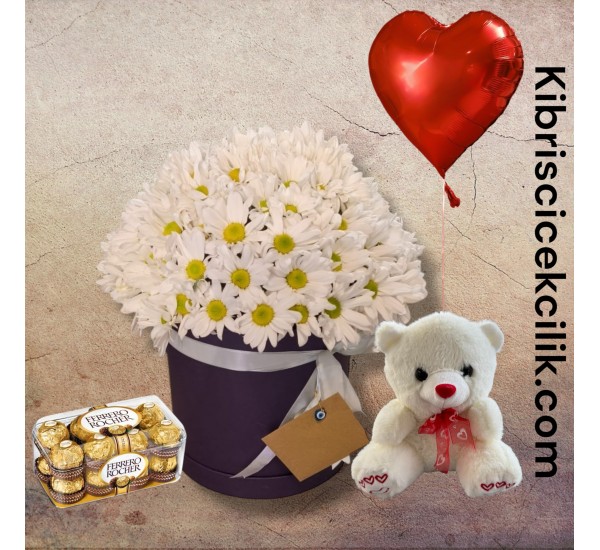 Kutuda Papatya Ayıcık 16'lı Ferrero Çikolata Kalp Helyum Balon Kutuda Papatya Ayıcık 16'lı Ferrero Çikolata Kalp Helyum Balon