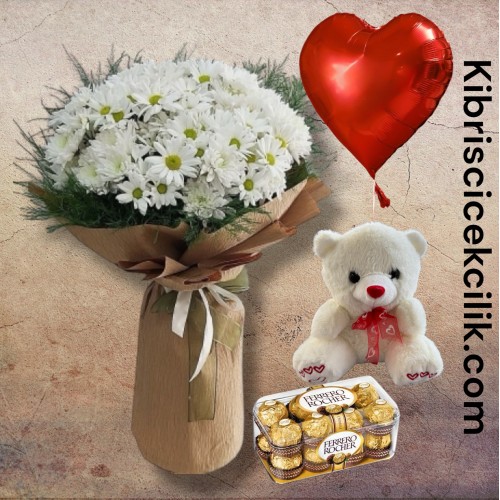 Maxi Boy Papatya Buketi Ayıcık 16'lı Ferrero Çikolata Kalp Helyum Balon