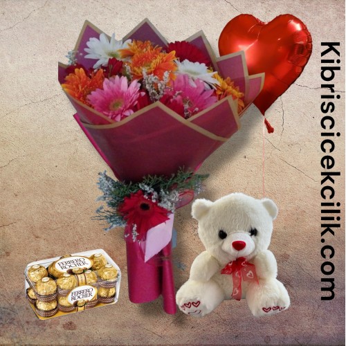 Renkli Gerbera Buketi Ayıcık 16'lı Ferrero Çikolata Kalp Helyum Balon