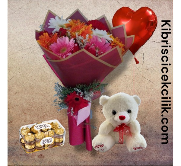 Renkli Gerbera Buketi Ayıcık 16'lı Ferrero Çikolata Kalp Helyum Balon