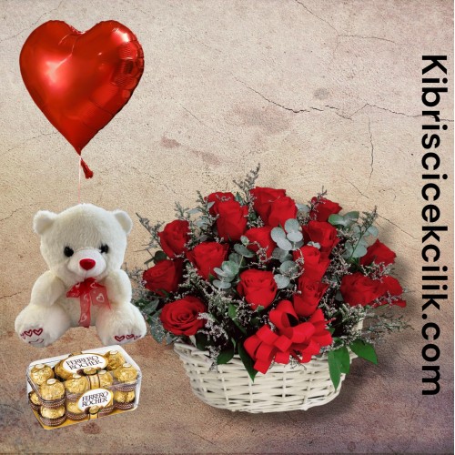 Sepette 15 Kırmızı Gül Ayıcık 16'lı Ferrero Çikolata Kalp Helyum Balon