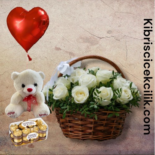 Sepette 25 Beyaz Gül Ayıcık 16'lı Ferrero Çikolata Kalp Helyum Balon Sepette 25 Beyaz Gül Ayıcık 16'lı Ferrero Çikolata Kalp Helyum Balon