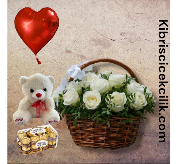 Sepette 25 Beyaz Gül Ayıcık 16'lı Ferrero Çikolata Kalp Helyum Balon