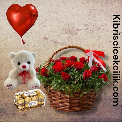 Sepette 25 Kırmızı Gül Ayıcık 16'lı Ferrero Çikolata Kalp Helyum Balon Sepette 25 Kırmızı Gül Ayıcık 16'lı Ferrero Çikolata Kalp Helyum Balon
