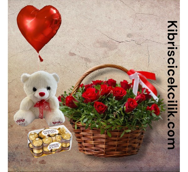 Sepette 25 Kırmızı Gül Ayıcık 16'lı Ferrero Çikolata Kalp Helyum Balon