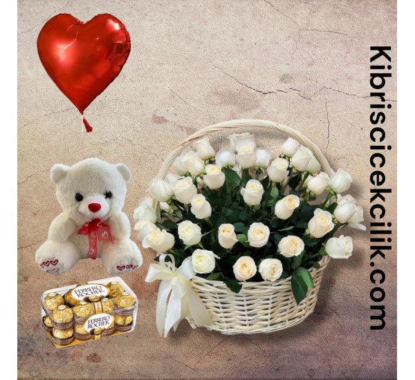 Sepette 51 Beyaz Gül Ayıcık 16'lı Ferrero Çikolata Kalp Helyum Balon Sepette 51 Beyaz Gül Ayıcık 16'lı Ferrero Çikolata Kalp Helyum Balon
