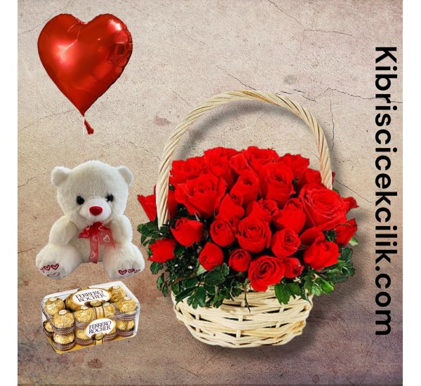 Sepette 51 Kırmızı Gül Ayıcık 16'lı Ferrero Çikolata Kalp Helyum Balon