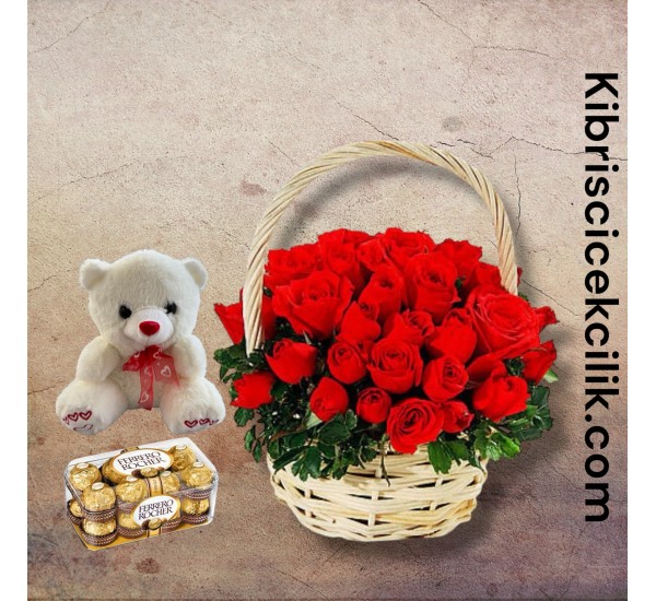 Sepette 51 Kırmızı Gül Ayıcık 16'lı Ferrero Çikolata Sepette 51 Kırmızı Gül Ayıcık 16'lı Ferrero Çikolata