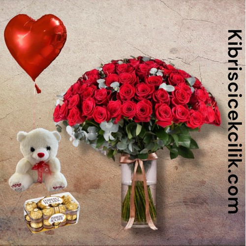 Vazoda 101 Kırmızı Gül Ayıcık 16'lı Ferrero Çikolata Kalp Helyum Balon