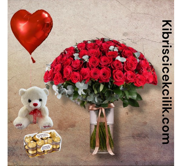 Vazoda 101 Kırmızı Gül Ayıcık 16'lı Ferrero Çikolata Kalp Helyum Balon Vazoda 101 Kırmızı Gül Ayıcık 16'lı Ferrero Çikolata Kalp Helyum Balon
