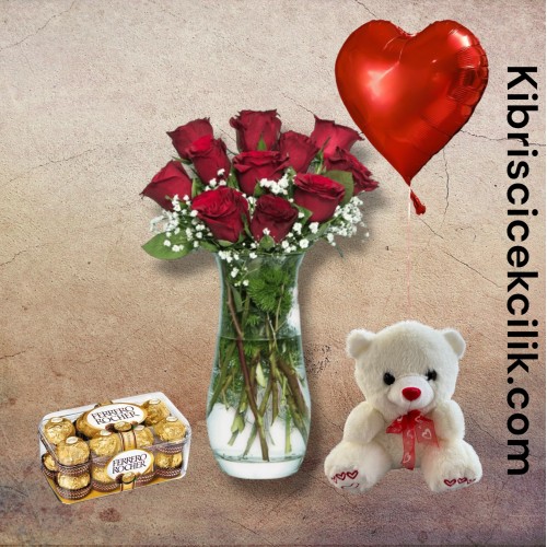 Vazoda 11 Kırmızı Gül Ayıcık 16'lı Ferrero Çikolata Kalp Helyum Balon