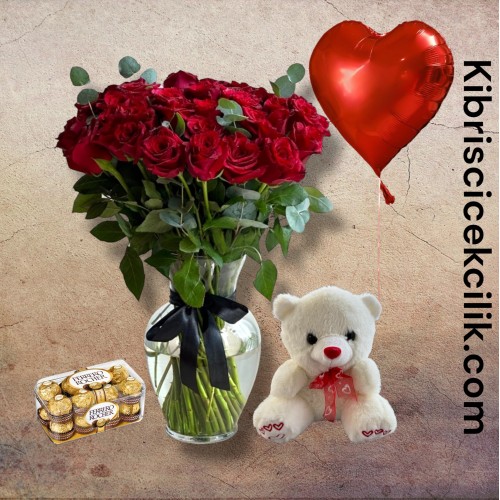 Vazoda 19 Kırmızı Gül Ayıcık 16'lı Ferrero Çikolata Kalp Helyum Balon