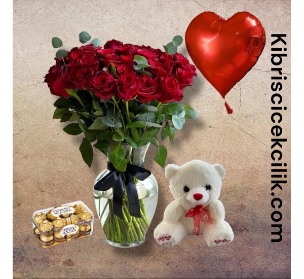 Vazoda 19 Kırmızı Gül Ayıcık 16'lı Ferrero Çikolata Kalp Helyum Balon Vazoda 19 Kırmızı Gül Ayıcık 16'lı Ferrero Çikolata Kalp Helyum Balon