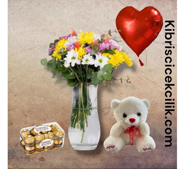 Vazoda Karışık Çiçek Ayıcık 16'lı Ferrero Çikolata Kalp Helyum Balon Vazoda Karışık Çiçek Ayıcık 16'lı Ferrero Çikolata Kalp Helyum Balon
