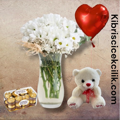 Vazoda Papatya Ayıcık 16'lı Ferrero Çikolata Kalp Helyum Balon