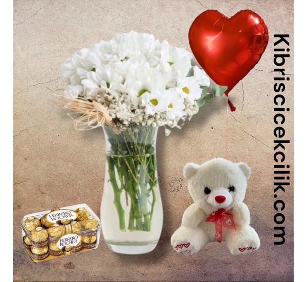 Vazoda Papatya Ayıcık 16'lı Ferrero Çikolata Kalp Helyum Balon Vazoda Papatya Ayıcık 16'lı Ferrero Çikolata Kalp Helyum Balon