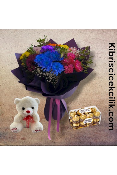 Kasımpatı Buketi ve Ayıcık 16lı Ferrero Çikolata Kasımpatı Buketi ve Ayıcık 16lı Ferrero Çikolata