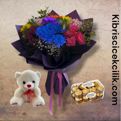 Kasımpatı Buketi ve Ayıcık 16lı Ferrero Çikolata Kasımpatı Buketi ve Ayıcık 16lı Ferrero Çikolata