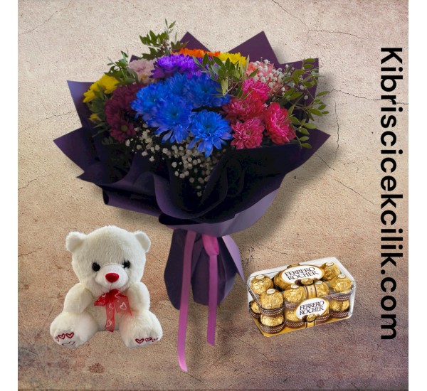 Kasımpatı Buketi ve Ayıcık 16lı Ferrero Çikolata Kasımpatı Buketi ve Ayıcık 16lı Ferrero Çikolata