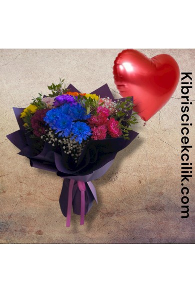 Kasımpatı Buketi ve Kalp Helyum Balon Kasımpatı Buketi ve Kalp Helyum Balon