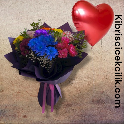 Kasımpatı Buketi ve Kalp Helyum Balon Kasımpatı Buketi ve Kalp Helyum Balon