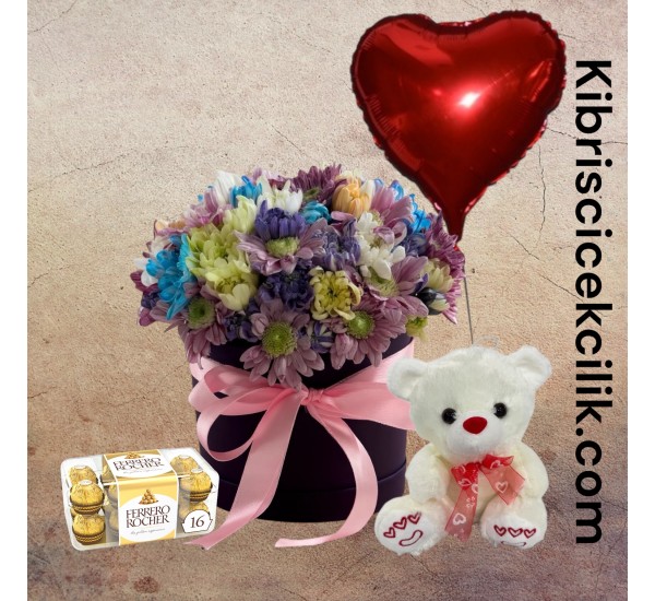 Kutuda Karışık Çiçek Ayıcık 16'lı Ferrero Çikolata Kalp Helyum Balon