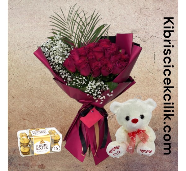 30 Kırmızı Gül Buketi 16'lı Ferrero Çikolata ve Ayıcık 30 Kırmızı Gül Buketi 16'lı Ferrero Çikolata ve Ayıcık