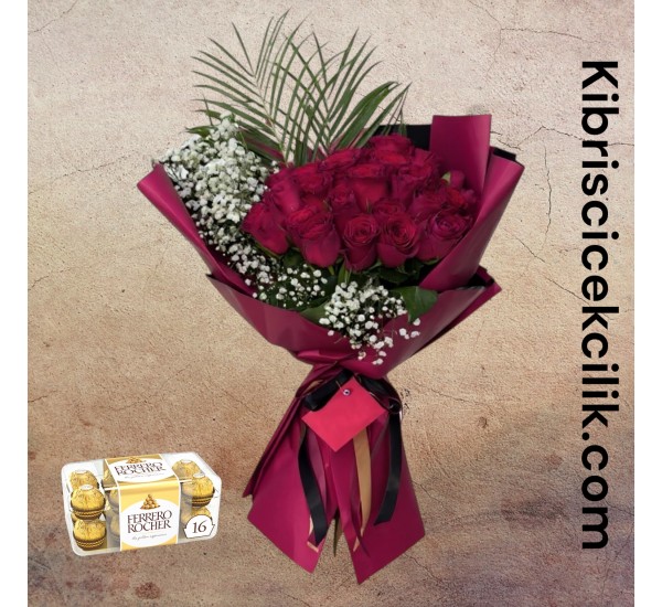 30 Kırmızı Gül Buketi 16'lı Ferrero Çikolata