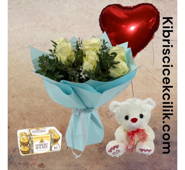 7 Beyaz Gül Buketi Ayıcık 16'lı Ferrero Çikolata Kalp Helyum Balon 7 Beyaz Gül Buketi Ayıcık 16'lı Ferrero Çikolata Kalp Helyum Balon