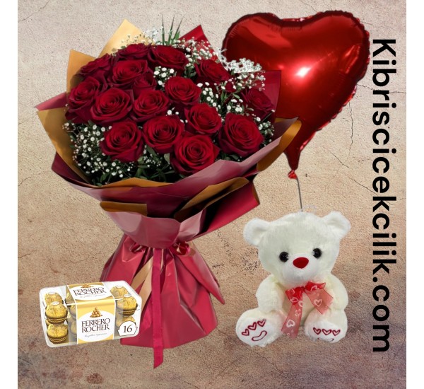 21 Kırmızı Gül Buketi 16'lı Ferrero Çikolata Ayıcık Kalp Helyum Balon 21 Kırmızı Gül Buketi 16'lı Ferrero Çikolata Ayıcık Kalp Helyum Balon