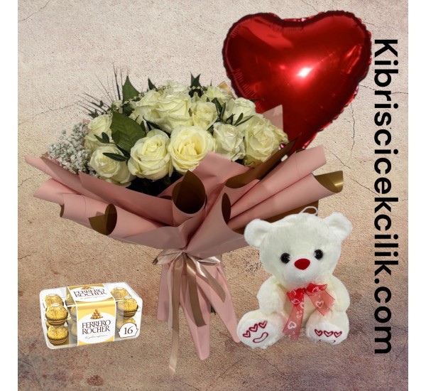 21 Beyaz Gül Buketi Ayıcık 16'lı Ferrero Çikolata Kalp Helyum Balon 21 Beyaz Gül Buketi Ayıcık 16'lı Ferrero Çikolata Kalp Helyum Balon