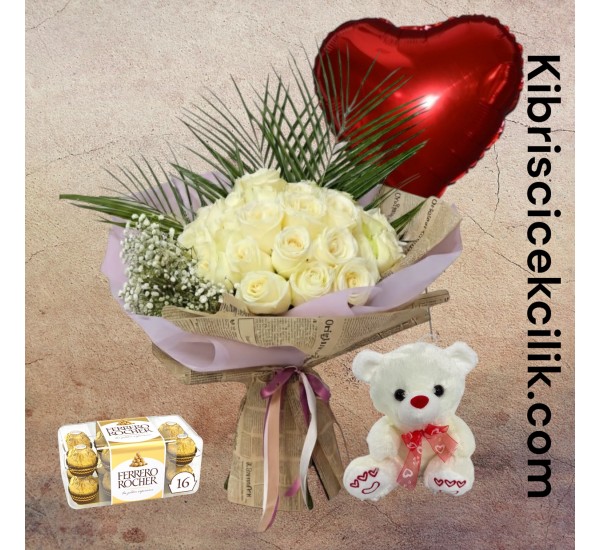 23 Beyaz Gül Buketi Ayıcık 16'lı Ferrero Çikolata Kalp Helyum Balon 23 Beyaz Gül Buketi Ayıcık 16'lı Ferrero Çikolata Kalp Helyum Balon