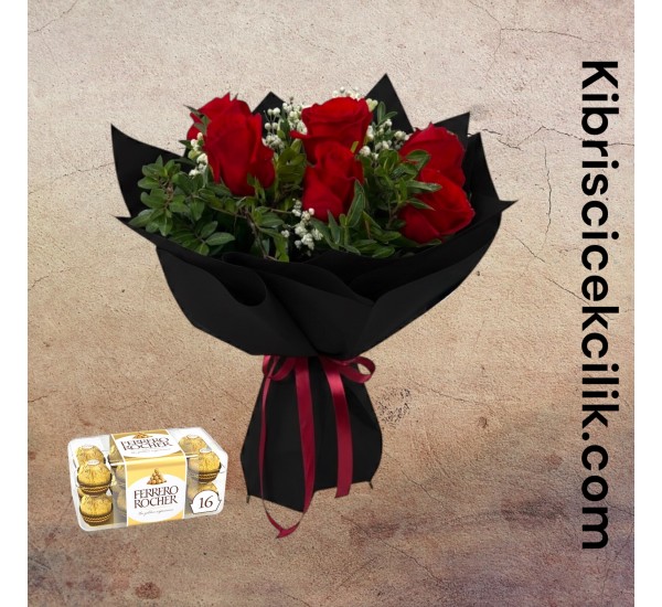 7 Kırmızı Gül Buketi 16'lı Ferrero Çikolata 7 Kırmızı Gül Buketi 16'lı Ferrero Çikolata