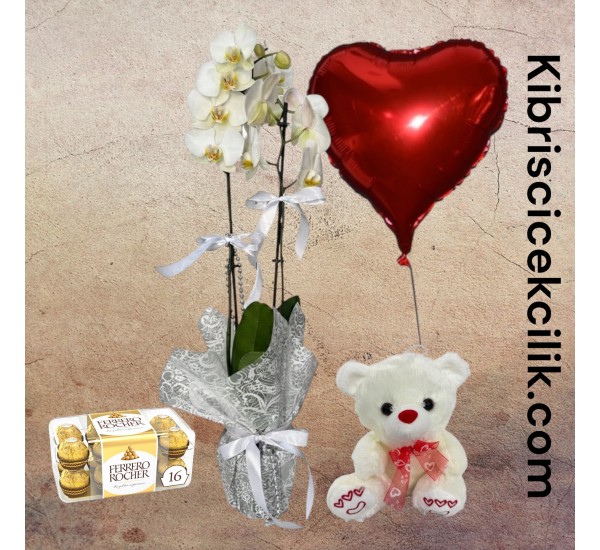 Çift Dal Beyaz Orkide Ayıcık 16'lı Ferrero Çikolata Kalp Helyum Balon
