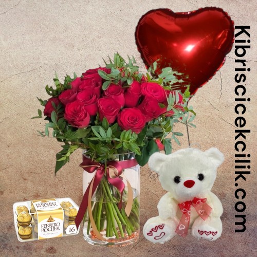 Vazoda 25 Kırmızı Gül Ayıcık 16'lı Ferrero Çikolata Kalp Helyum Balon Vazoda 25 Kırmızı Gül Ayıcık 16'lı Ferrero Çikolata Kalp Helyum Balon