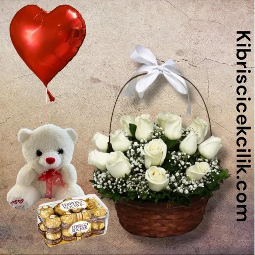 Sepette 15 Beyaz Gül Ayıcık 16'lı Ferrero Çikolata Kalp Helyum Balon